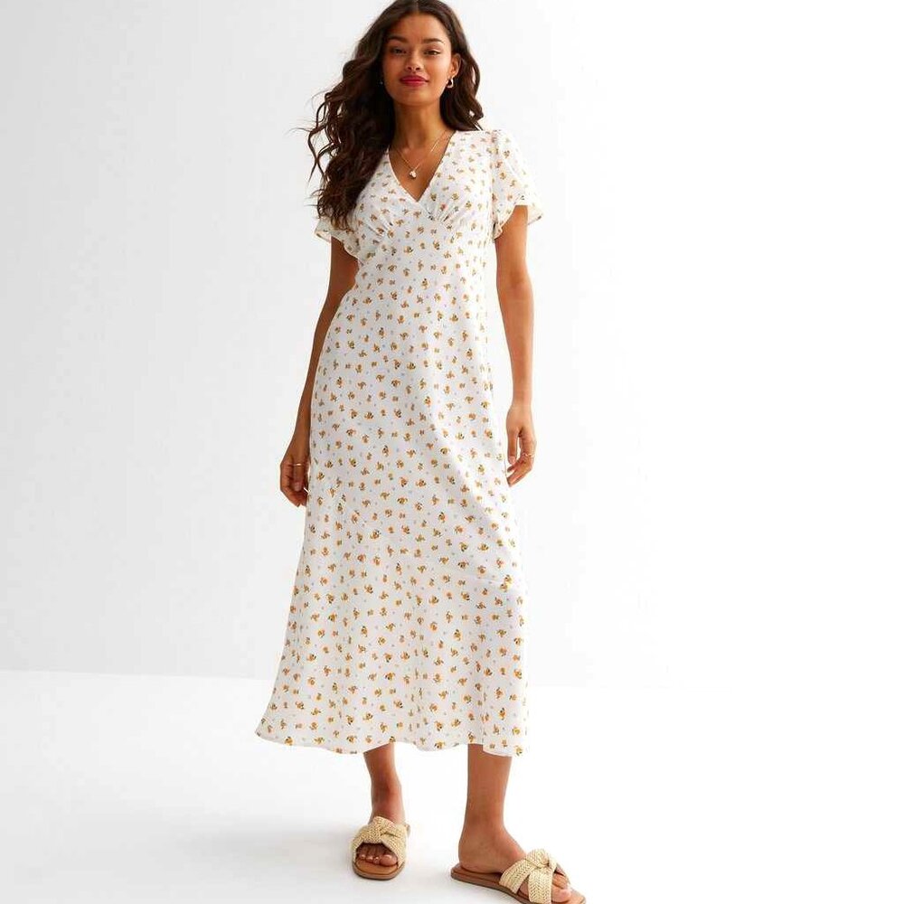 NWT New Look Petite White Floral Flutter Sleeve Midaxi Dress in XSP